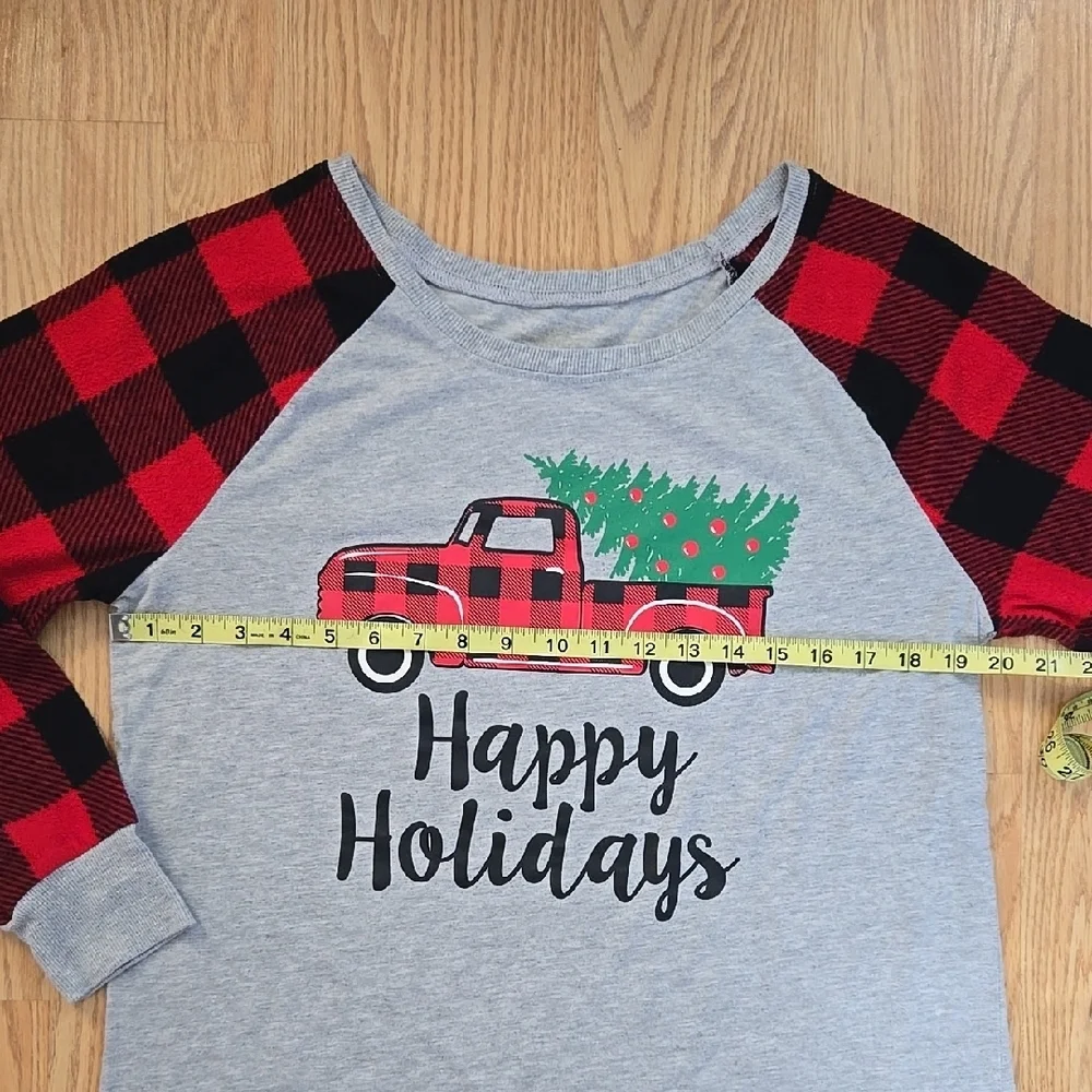 Plaid Sleeve Happy Holidays Kids Shirt - Picture 3 of 4